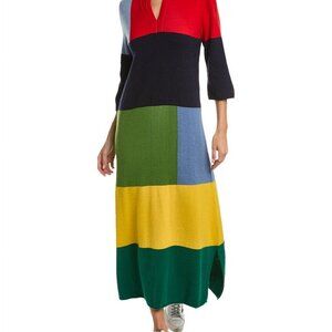 NWOT Frances Valentine color block 3/4 sleeve split neck intarsia maxi dress